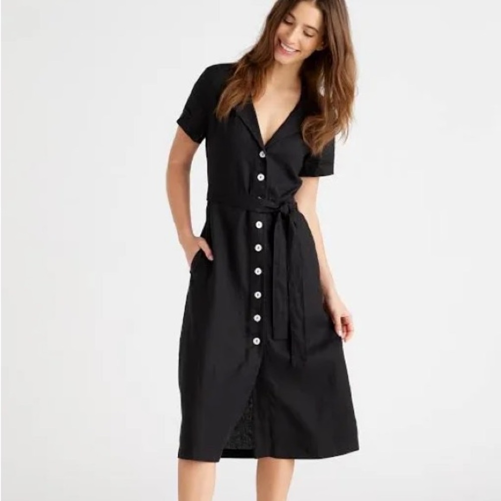 Quince Women’s 100% European Linen Button Front Dress (Black/ L)
